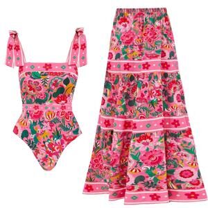 Flaxmaker Pink Floral Paradise Print One Piece Swimsuit And Skirt - L - Pink